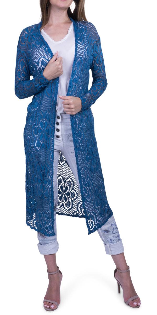Clara Long Knit Cardigan - Gigi Moda - Made in Italy # Cardigan, floral lace, Gigi Moda, Jacket, lace knit, Made in Italy, OS, stretchy