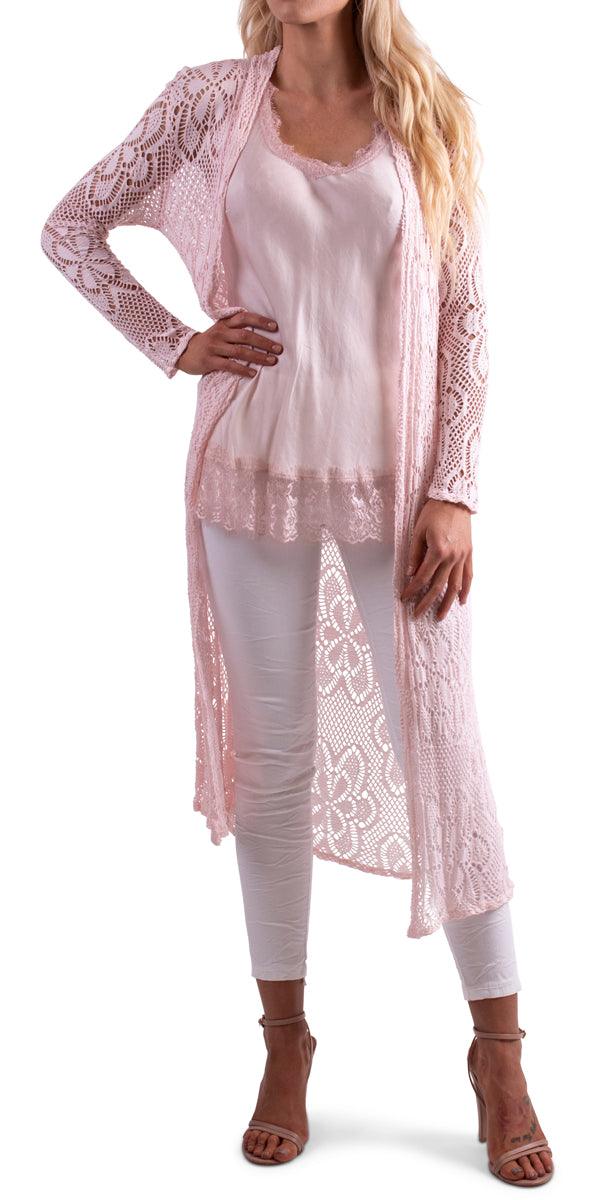 Clara Long Knit Cardigan - Gigi Moda - Made in Italy # Cardigan, floral lace, Gigi Moda, Jacket, lace knit, Made in Italy, OS, stretchy