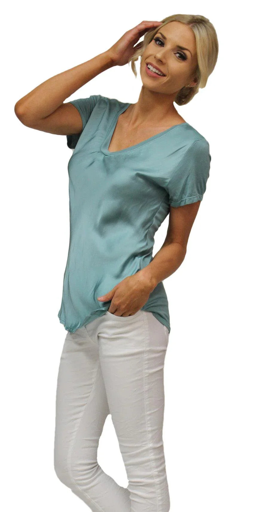 Nola Satin Tee - Gigi Moda - Made in Italy # Cotton, elastane, Gigi Moda, Made in Italy, OS, satin, short sleeve, short sleeve top, Top, v-neck