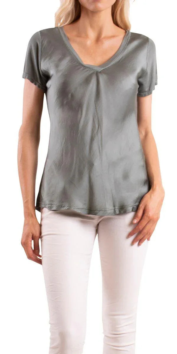 Nola Satin Tee - Gigi Moda - Made in Italy # Cotton, elastane, Gigi Moda, Made in Italy, OS, satin, short sleeve, short sleeve top, Top, v-neck