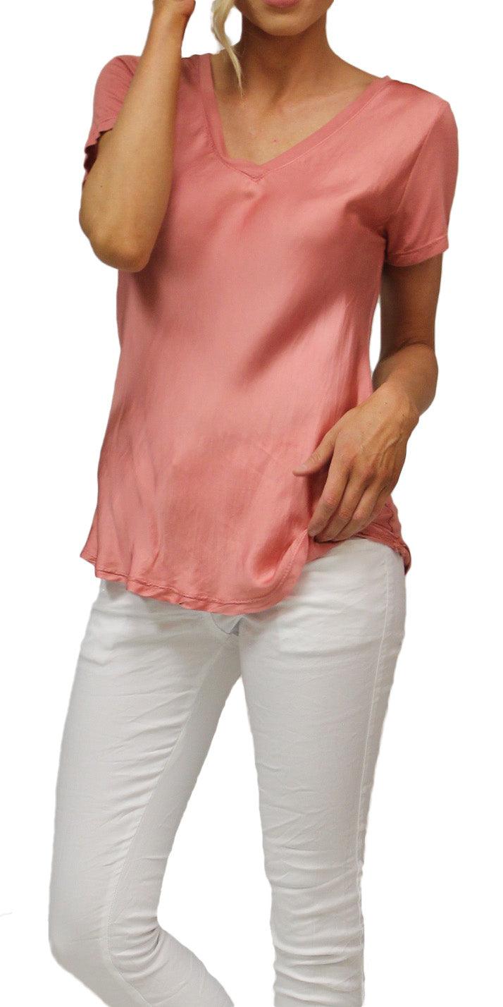 Nola Satin Tee - Gigi Moda - Made in Italy # Cotton, elastane, Gigi Moda, Made in Italy, OS, satin, short sleeve, short sleeve top, Top, v-neck