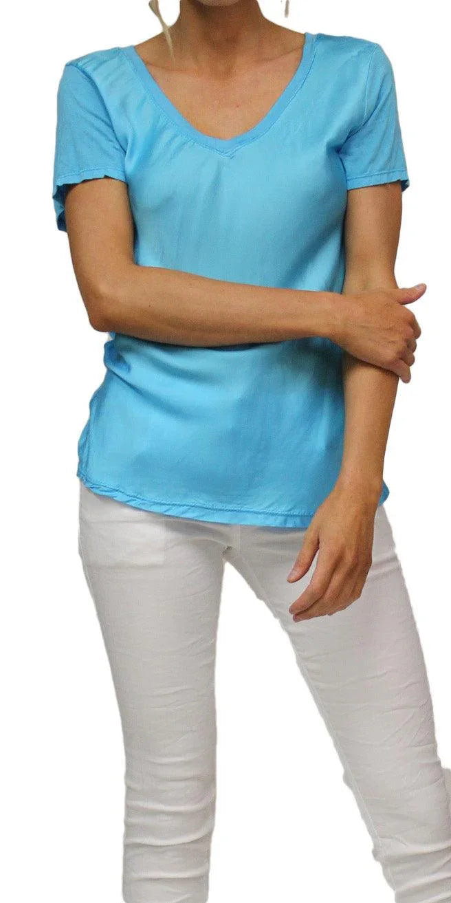 Nola Satin Tee - Gigi Moda - Made in Italy # Cotton, elastane, Gigi Moda, Made in Italy, OS, satin, short sleeve, short sleeve top, Top, v-neck