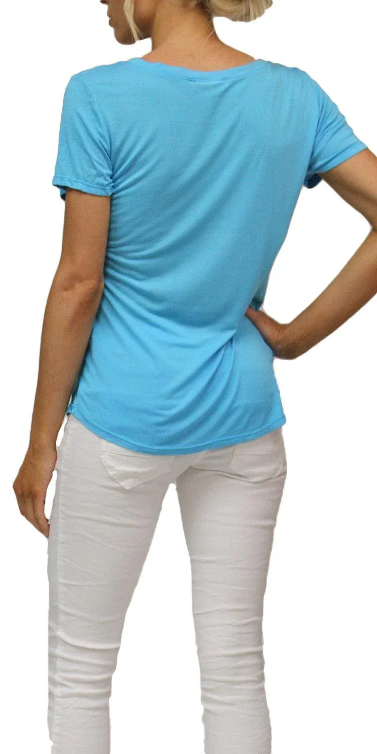 Nola Satin Tee - Gigi Moda - Made in Italy # Cotton, elastane, Gigi Moda, Made in Italy, OS, satin, short sleeve, short sleeve top, Top, v-neck