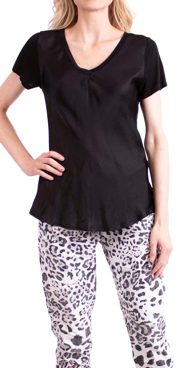 Nola Satin Tee - Gigi Moda - Made in Italy # Cotton, elastane, Gigi Moda, Made in Italy, OS, satin, short sleeve, short sleeve top, Top, v-neck
