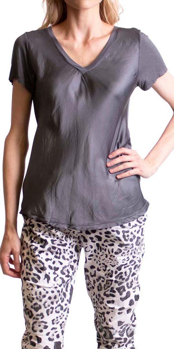 Nola Satin Tee - Gigi Moda - Made in Italy # Cotton, elastane, Gigi Moda, Made in Italy, OS, satin, short sleeve, short sleeve top, Top, v-neck