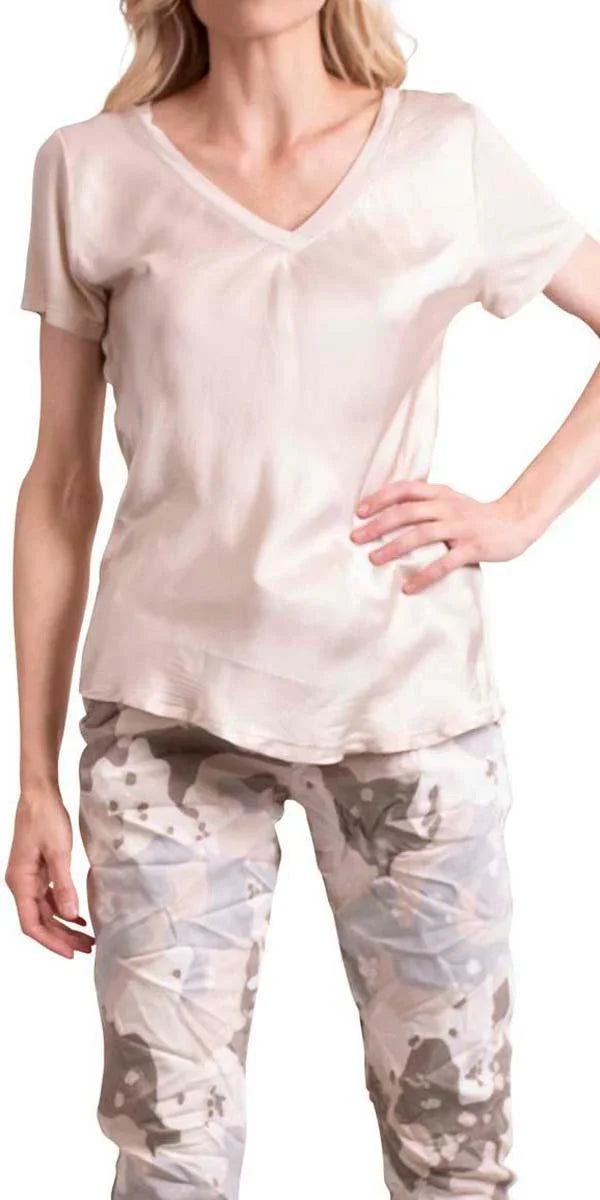 Nola Satin Tee - Gigi Moda - Made in Italy # Cotton, elastane, Gigi Moda, Made in Italy, OS, satin, short sleeve, short sleeve top, Top, v-neck