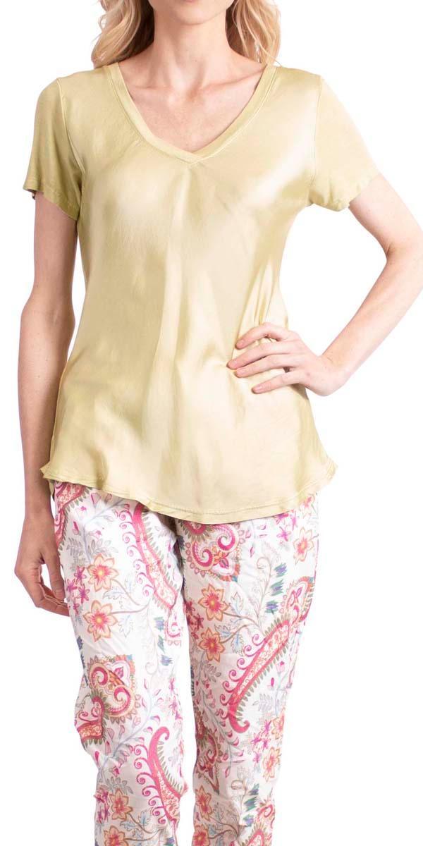 Nola Satin Tee - Gigi Moda - Made in Italy # Cotton, elastane, Gigi Moda, Made in Italy, OS, satin, short sleeve, short sleeve top, Top, v-neck