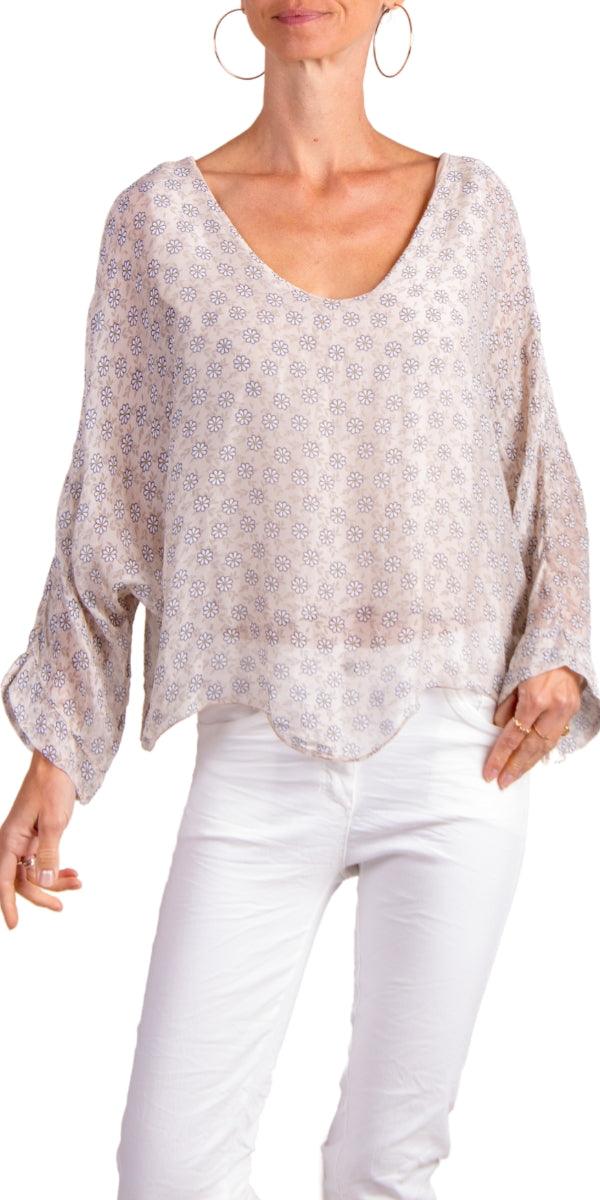 Daisy Print Isabetta Top - Gigi Moda - Made in Italy # Crop Top, daisy print, Dolman sleeve, Gigi Moda, italian clothing, Made in Italy, silk, silk blouse, womens clothing, womens tops