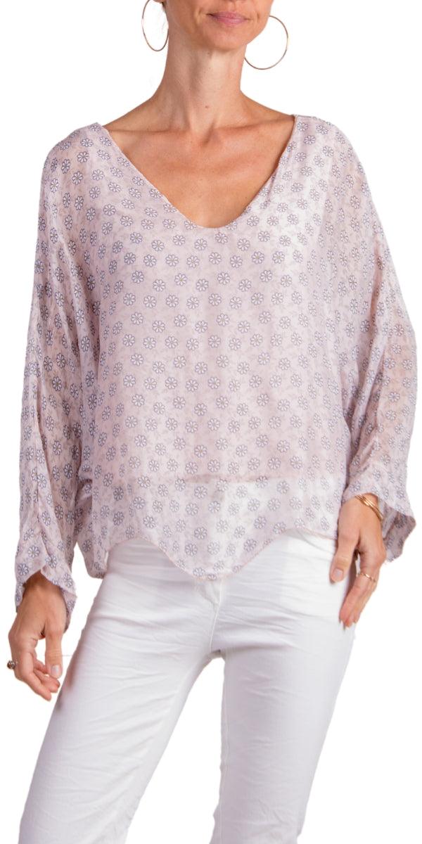 Daisy Print Isabetta Top - Gigi Moda - Made in Italy # Crop Top, daisy print, Dolman sleeve, Gigi Moda, italian clothing, Made in Italy, silk, silk blouse, womens clothing, womens tops