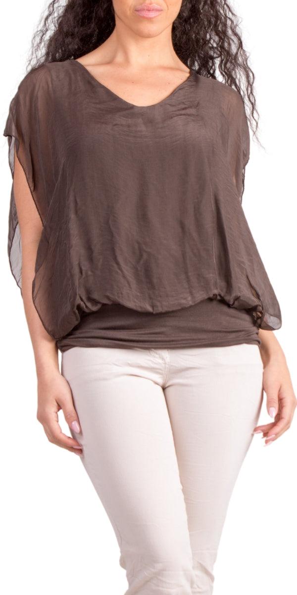 Amante Silk Top - Gigi Moda - Made in Italy # banded bottom, Blouse, flutter sleeve, gigi moda, silk, stretch waistband, top, v-neck
