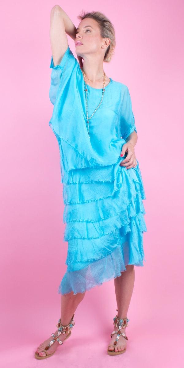 Siena Scoop Neck Maxi Dress - Gigi Moda - Made in Italy # Dress, Gigi Moda, Made in Italy, Maxi Dress, one size, OS, ruffles, Scoop Neck, short sleeve, short sleeve dress, Silk