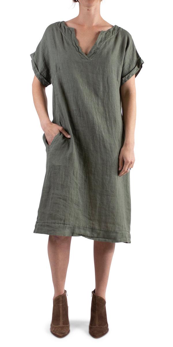La Siesta Linen Dress - Gigi Moda - Made in Italy # 100% Linen, Dress, free shipping, Gigi Moda, Linen, Made in Italy, one size, OS, pockets, resort, resort wear, short sleeve dress, spring, summer, v-neck