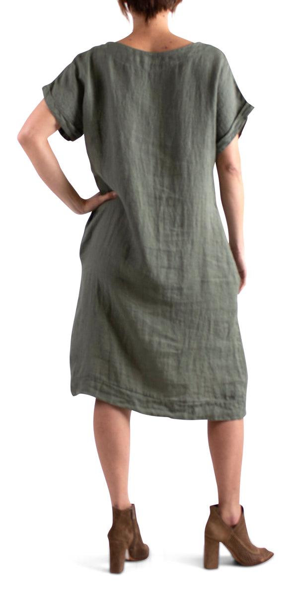 La Siesta Linen Dress - Gigi Moda - Made in Italy # 100% Linen, Dress, free shipping, Gigi Moda, Linen, Made in Italy, one size, OS, pockets, resort, resort wear, short sleeve dress, spring, summer, v-neck