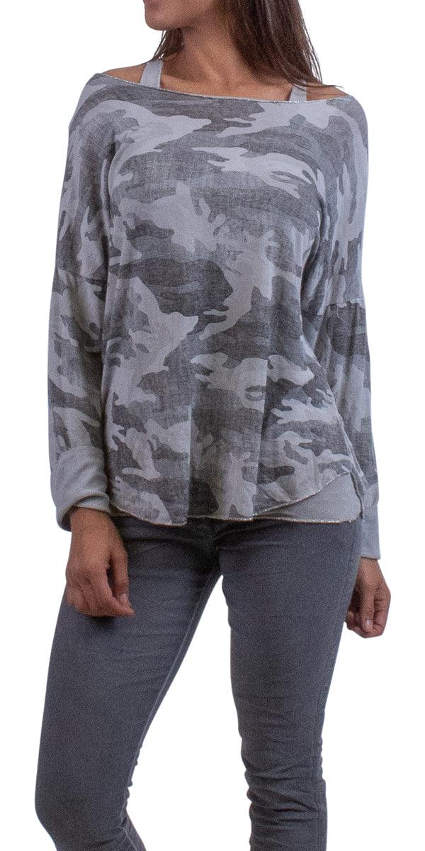 Vittoria Camo Sweater - Gigi Moda - Made in Italy # 65102, Camo, Camo print, casual, fall, free shipping, gigi moda, italian top, made in italy, one size, OS, resort, resort wear, round neck, silver Hem, Sweater, taupe, two-piece