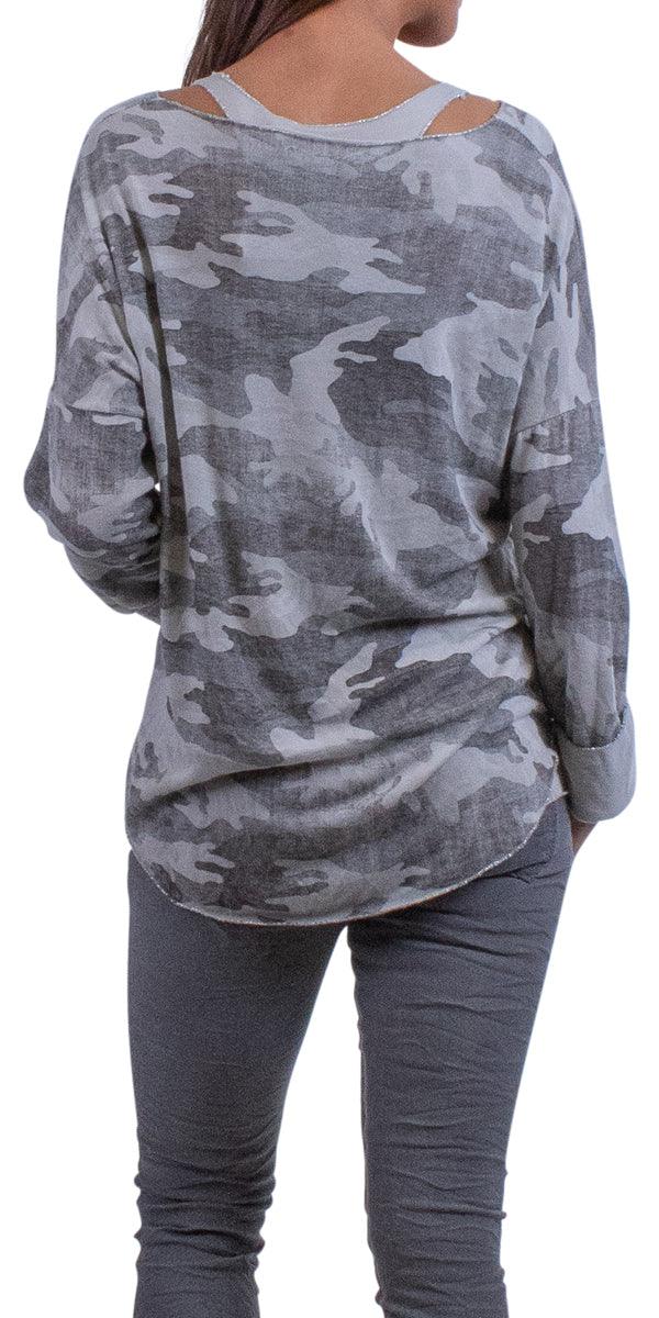 Vittoria Camo Sweater - Gigi Moda - Made in Italy # 65102, Camo, Camo print, casual, fall, free shipping, gigi moda, italian top, made in italy, one size, OS, resort, resort wear, round neck, silver Hem, Sweater, taupe, two-piece