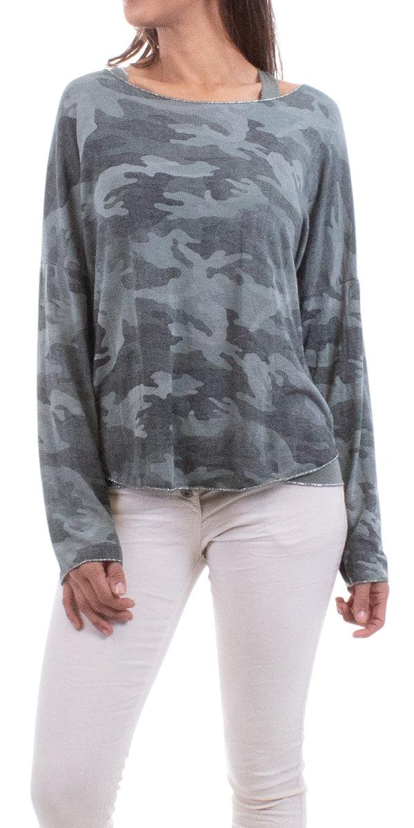 Vittoria Camo Sweater - Gigi Moda - Made in Italy # 65102, Camo, Camo print, casual, fall, free shipping, gigi moda, italian top, made in italy, one size, OS, resort, resort wear, round neck, silver Hem, Sweater, taupe, two-piece