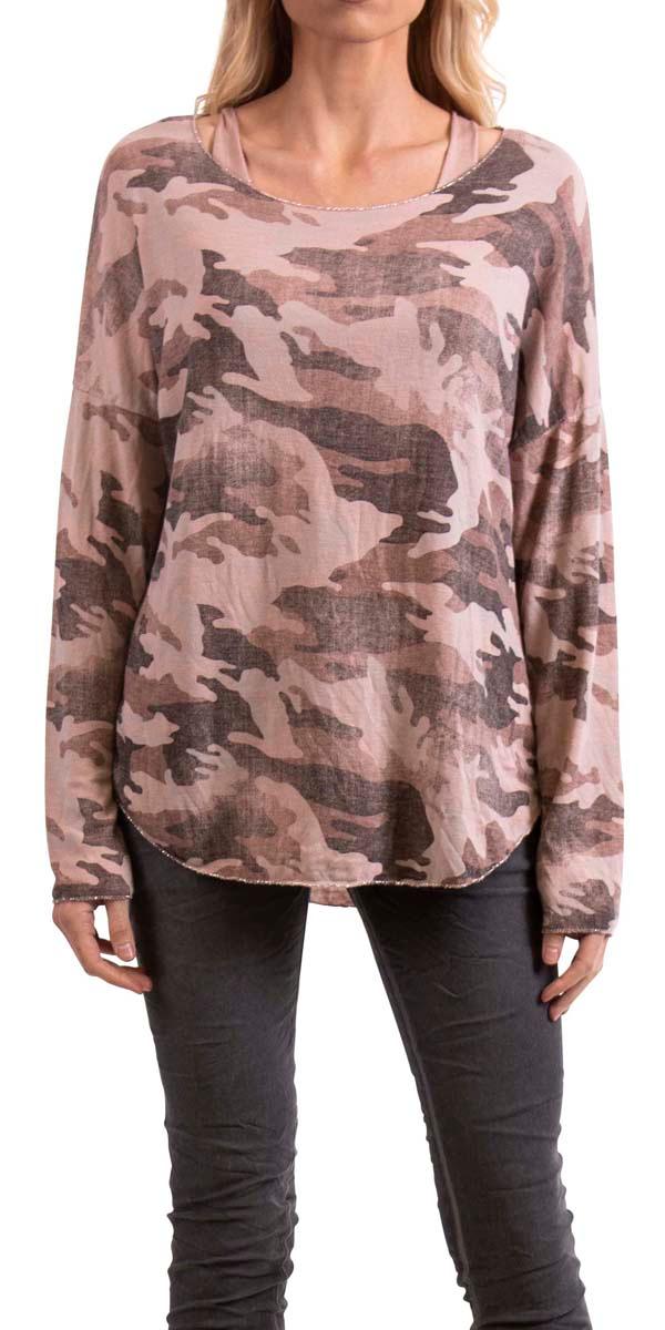 Vittoria Camo Sweater - Gigi Moda - Made in Italy # 65102, Camo, Camo print, casual, fall, free shipping, gigi moda, italian top, made in italy, one size, OS, resort, resort wear, round neck, silver Hem, Sweater, taupe, two-piece