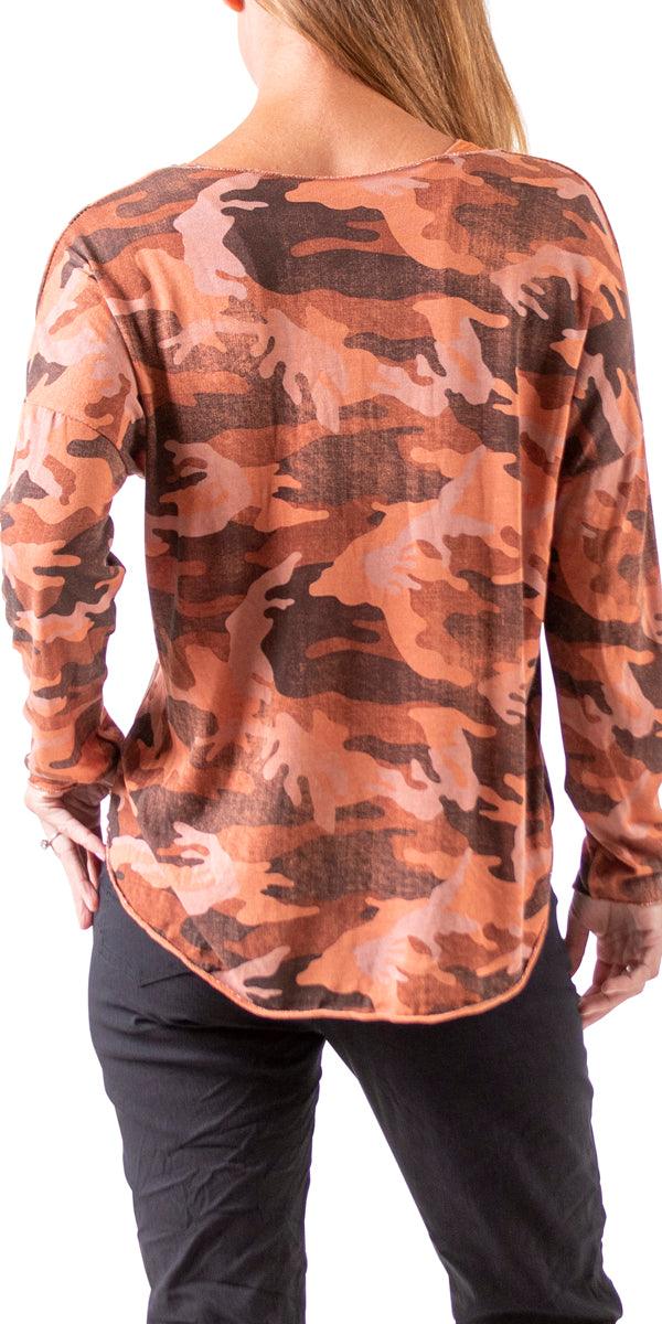 Vittoria Camo Sweater - Gigi Moda - Made in Italy # 65102, Camo, Camo print, casual, fall, free shipping, gigi moda, italian top, made in italy, one size, OS, resort, resort wear, round neck, silver Hem, Sweater, taupe, two-piece