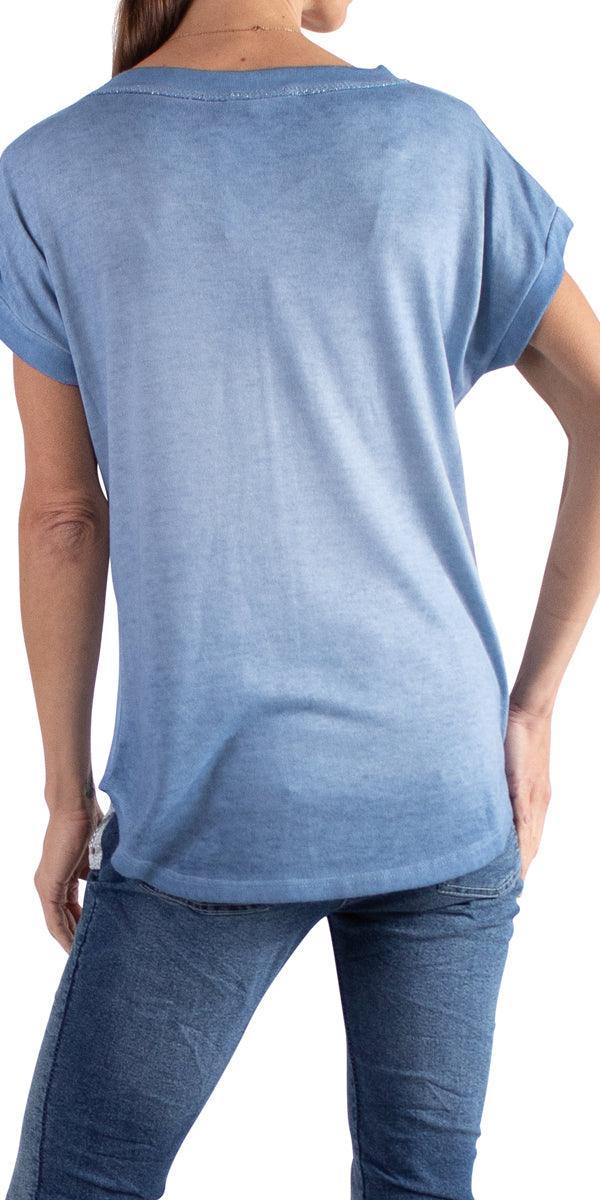 Ferno V-Neck Two Tone Top - Gigi Moda - Made in Italy # faux pocket, free shipping, Gigi Moda, italian top, Made in Italy, one size, OS, resort, resort wear, Silver stitching, Sleeves, spring, summer, Top, two tone, v-neck, viscose