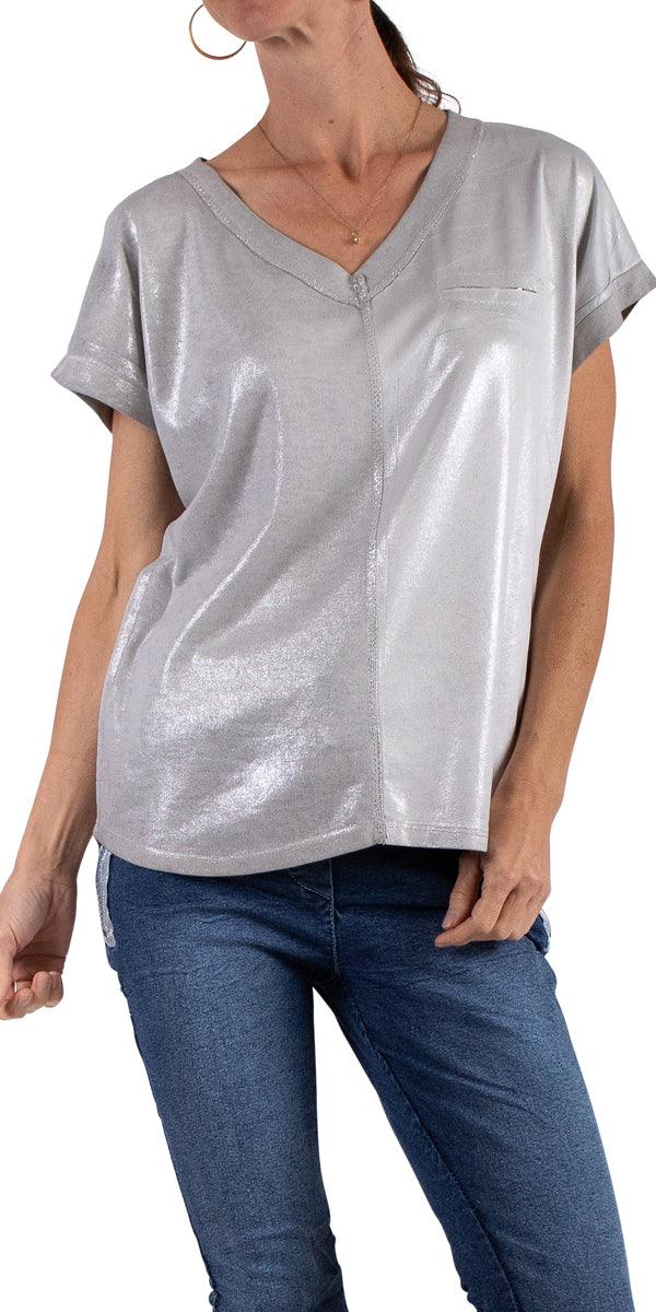 Ferno V-Neck Two Tone Top - Gigi Moda - Made in Italy # faux pocket, free shipping, Gigi Moda, italian top, Made in Italy, one size, OS, resort, resort wear, Silver stitching, Sleeves, spring, summer, Top, two tone, v-neck, viscose
