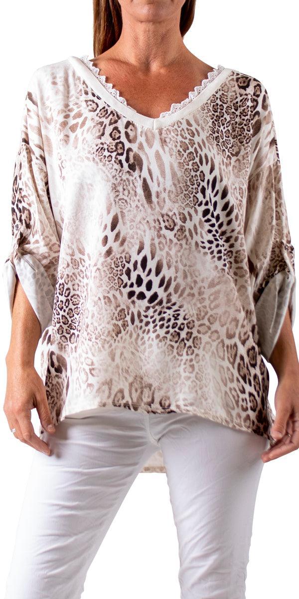 Lara Blouse - Gigi Moda - Made in Italy # Blouse, cuffed sleeves, Gigi Moda, italian top, lace trim, leopard print, Made in Italy, Top, V Neck