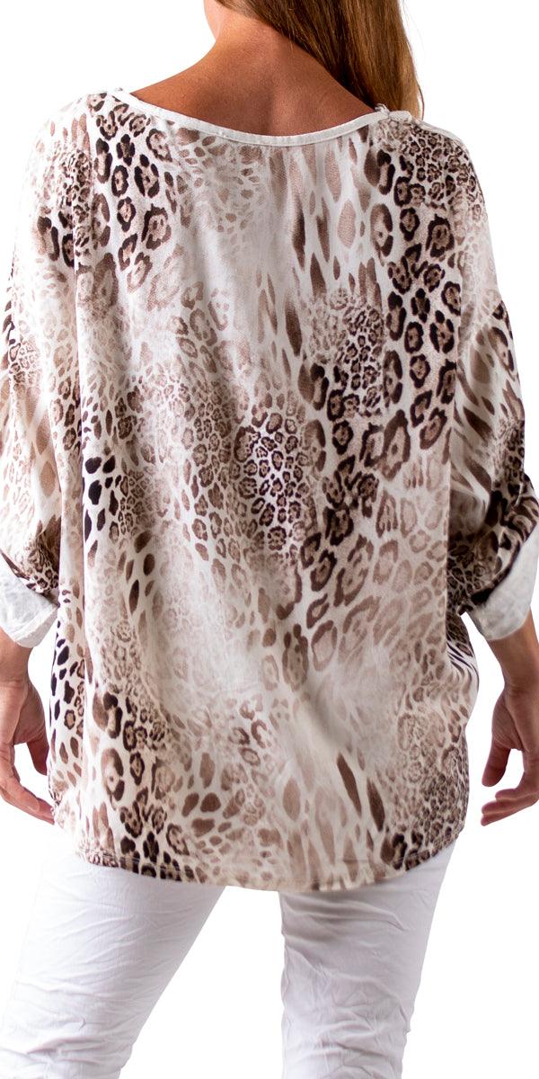 Lara Blouse - Gigi Moda - Made in Italy # Blouse, cuffed sleeves, Gigi Moda, italian top, lace trim, leopard print, Made in Italy, Top, V Neck