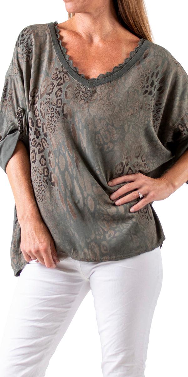 Lara Blouse - Gigi Moda - Made in Italy # Blouse, cuffed sleeves, Gigi Moda, italian top, lace trim, leopard print, Made in Italy, Top, V Neck
