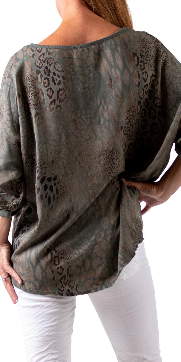 Lara Blouse - Gigi Moda - Made in Italy # Blouse, cuffed sleeves, Gigi Moda, italian top, lace trim, leopard print, Made in Italy, Top, V Neck