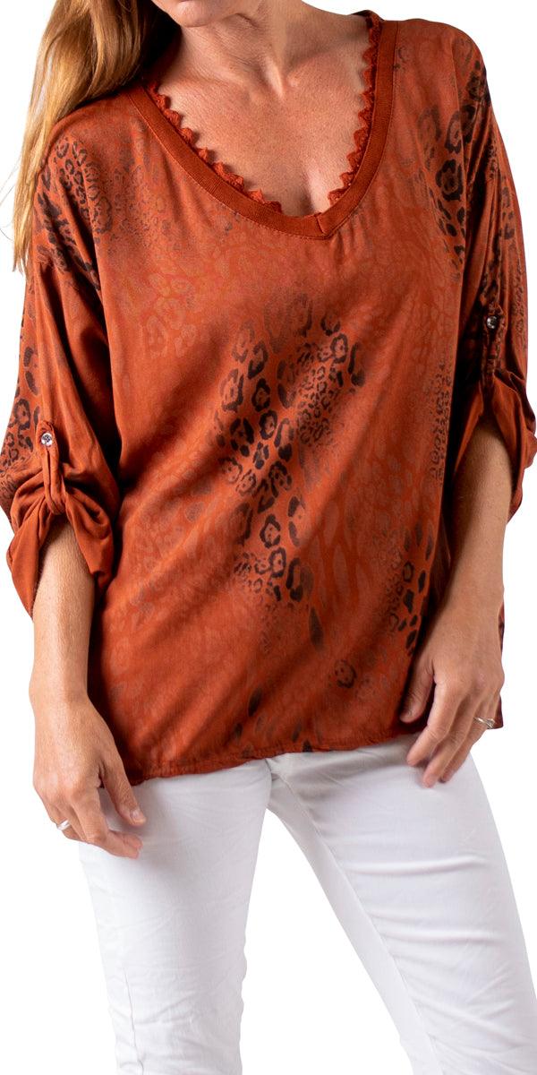 Lara Blouse - Gigi Moda - Made in Italy # Blouse, cuffed sleeves, Gigi Moda, italian top, lace trim, leopard print, Made in Italy, Top, V Neck