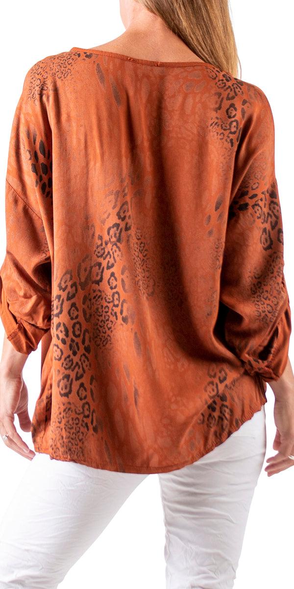 Lara Blouse - Gigi Moda - Made in Italy # Blouse, cuffed sleeves, Gigi Moda, italian top, lace trim, leopard print, Made in Italy, Top, V Neck