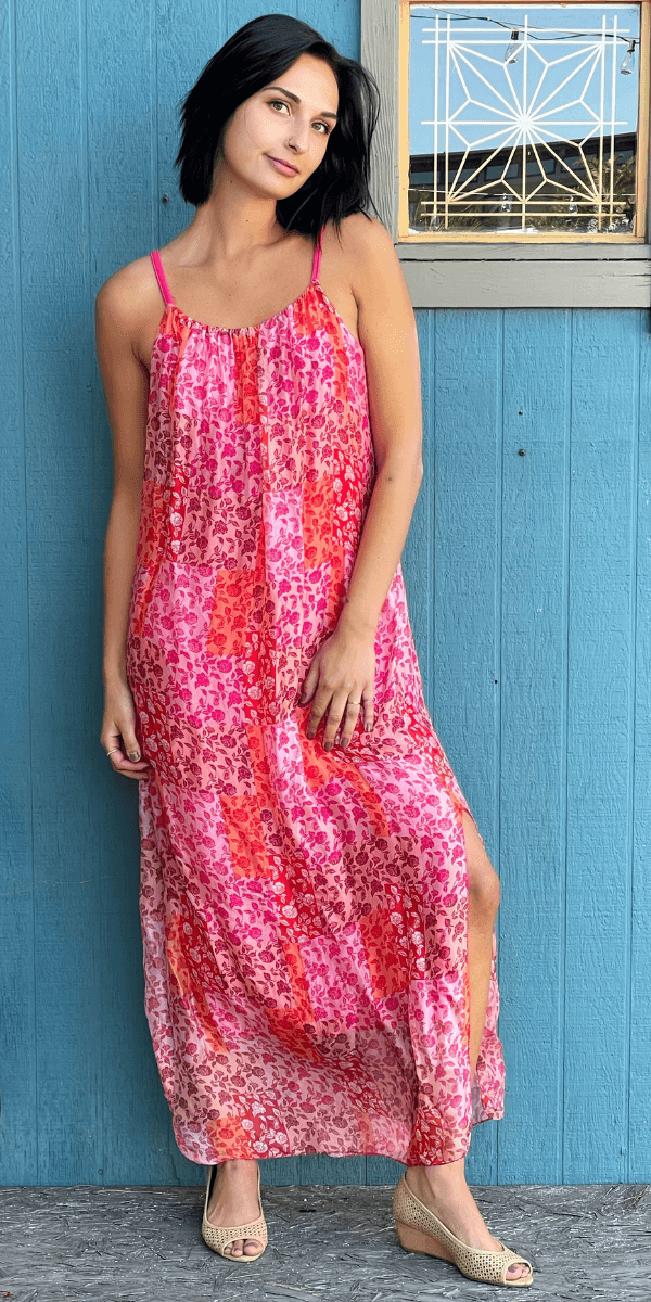 Venus Rosebud Dress - Gigi Moda - Made in Italy # 100% silk, Dress, floral print, Long, Made in Italy, Maxi, maxi dress, one size fits most, side slit, Silk, Sleeveless, Slits, Spaghetti Strap, spring, summer