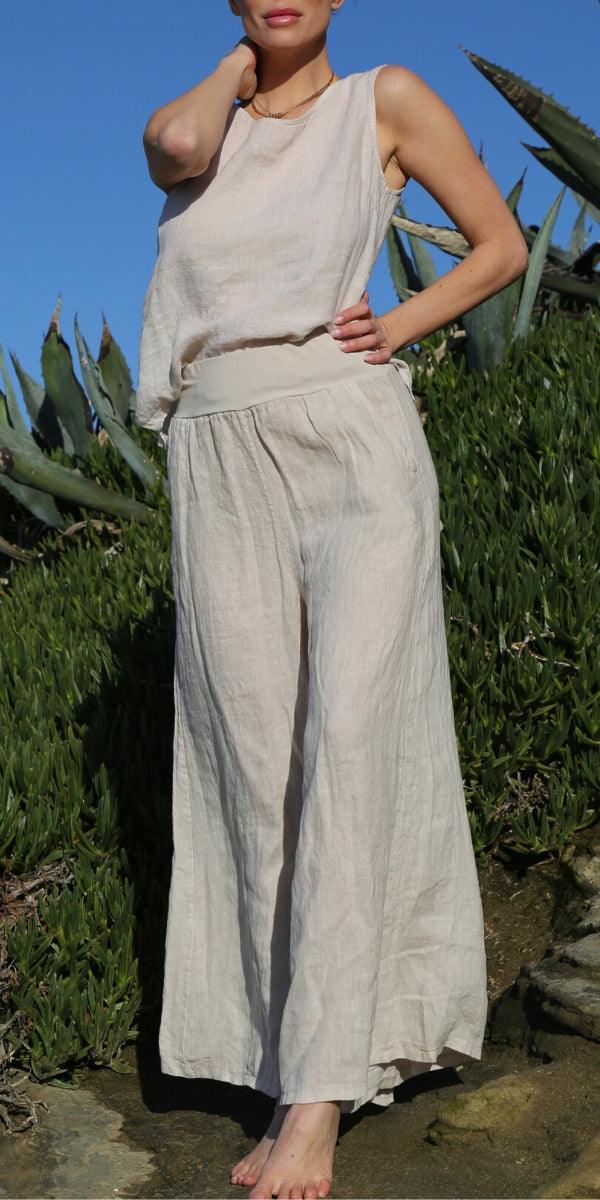 Batista Linen Pants - Gigi Moda - Made in Italy # 100% Linen, bottoms, elastic waistband, Gigi Moda, Linen, linen pants, Made in Italy, OS, Pants, resort, resort wear, spring, stretch waistband, summer, washable, WIDE LEG