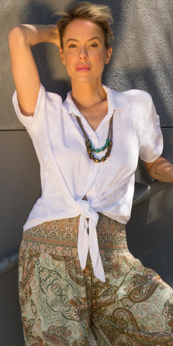 Nerina Button Down Shirt - Gigi Moda - Made in Italy # button down, collared, Embroidered, floral pattern, front tie, Gigi Moda, italian apparel, italian brand, Italian Clothing, italian shirt, Made in Italy, online shopping, OS, shirt, shop gigi moda, Top