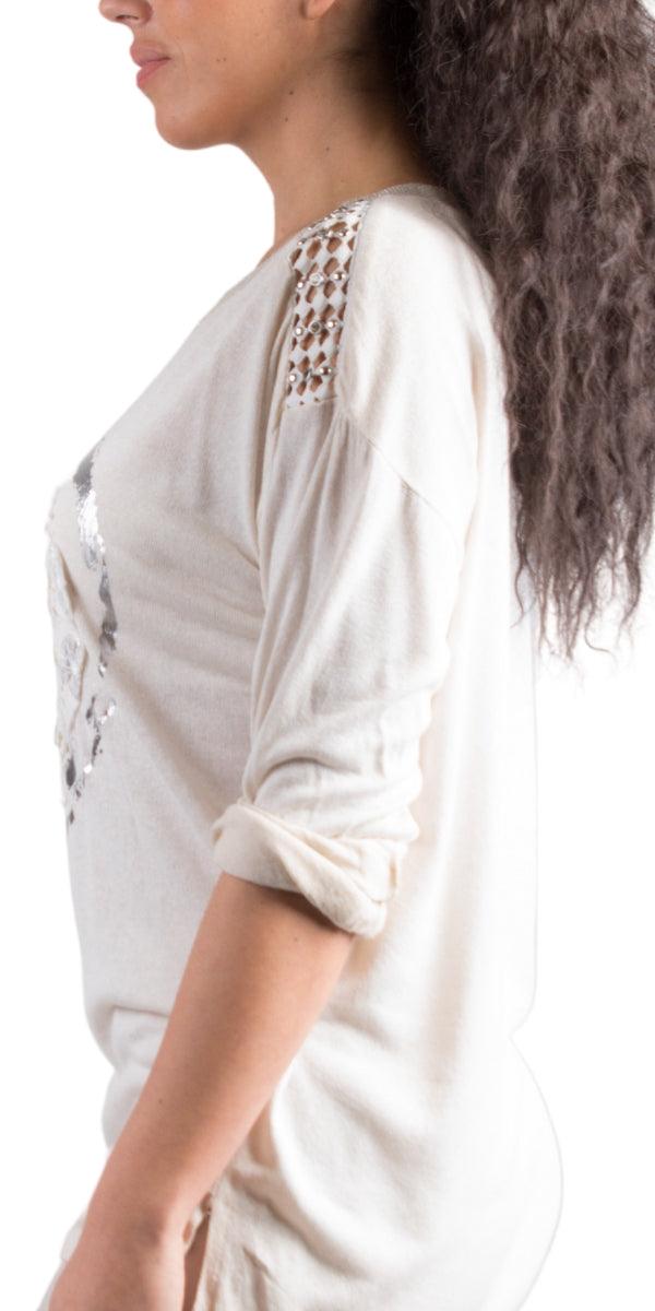 Stazie Top - Gigi Moda - Made in Italy # Blouse, Free Shipping, Gigi Moda, heart, italian top, lace, Lightweight, Long Sleeve, made in Italy, silver accents, Silver Stud, studded, Top, Womens Tops