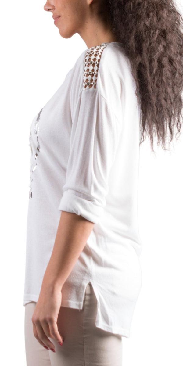 Stazie Top - Gigi Moda - Made in Italy # Blouse, Free Shipping, Gigi Moda, heart, italian top, lace, Lightweight, Long Sleeve, made in Italy, silver accents, Silver Stud, studded, Top, Womens Tops