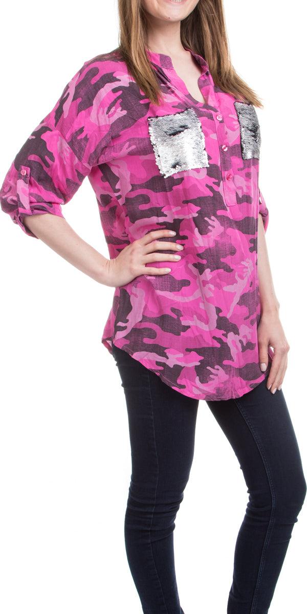 Leona Button Top - Gigi Moda - Made in Italy # Buttons, Camo, cuffed-sleeves, made in italy, placket, Print, sequins, Top
