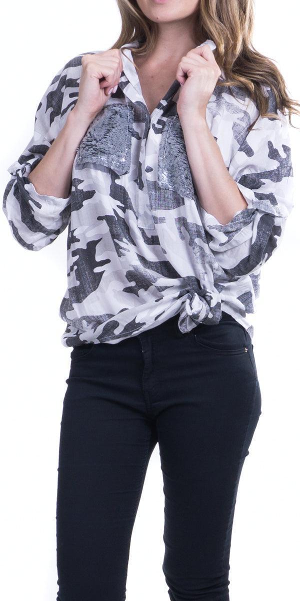 Leona Button Top - Gigi Moda - Made in Italy # Buttons, Camo, cuffed-sleeves, made in italy, placket, Print, sequins, Top