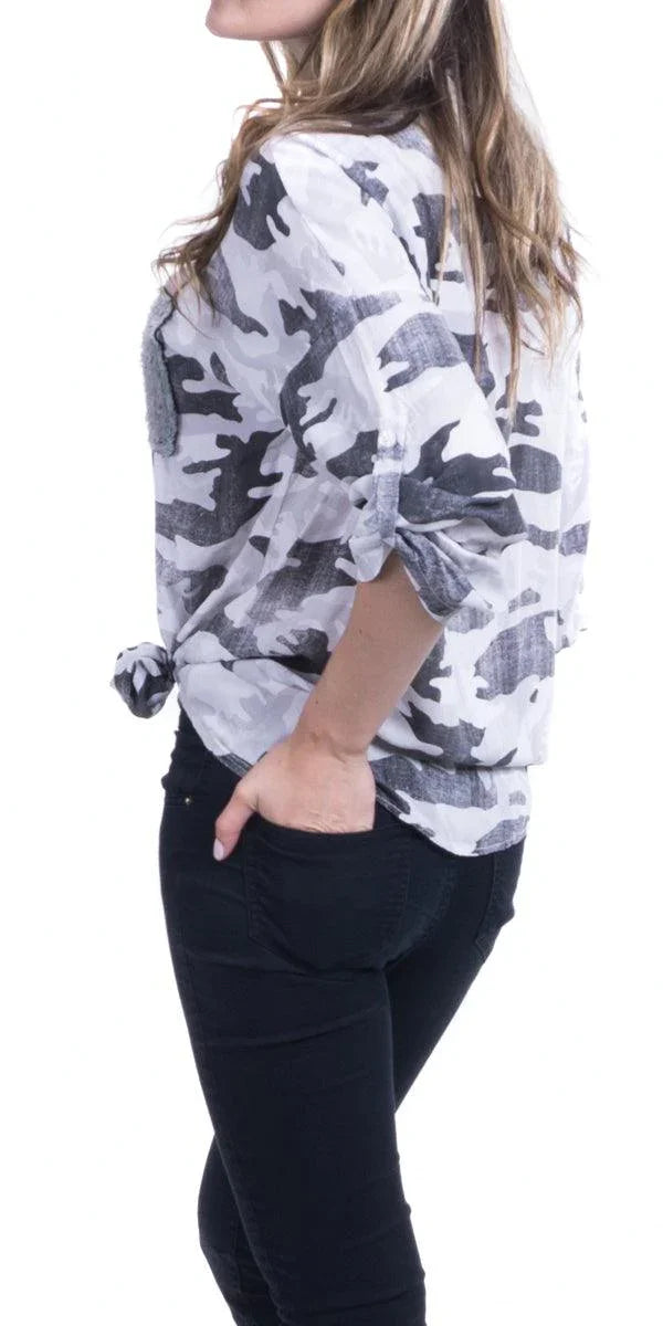 Leona Button Top - Gigi Moda - Made in Italy # Buttons, Camo, cuffed-sleeves, made in italy, placket, Print, sequins, Top