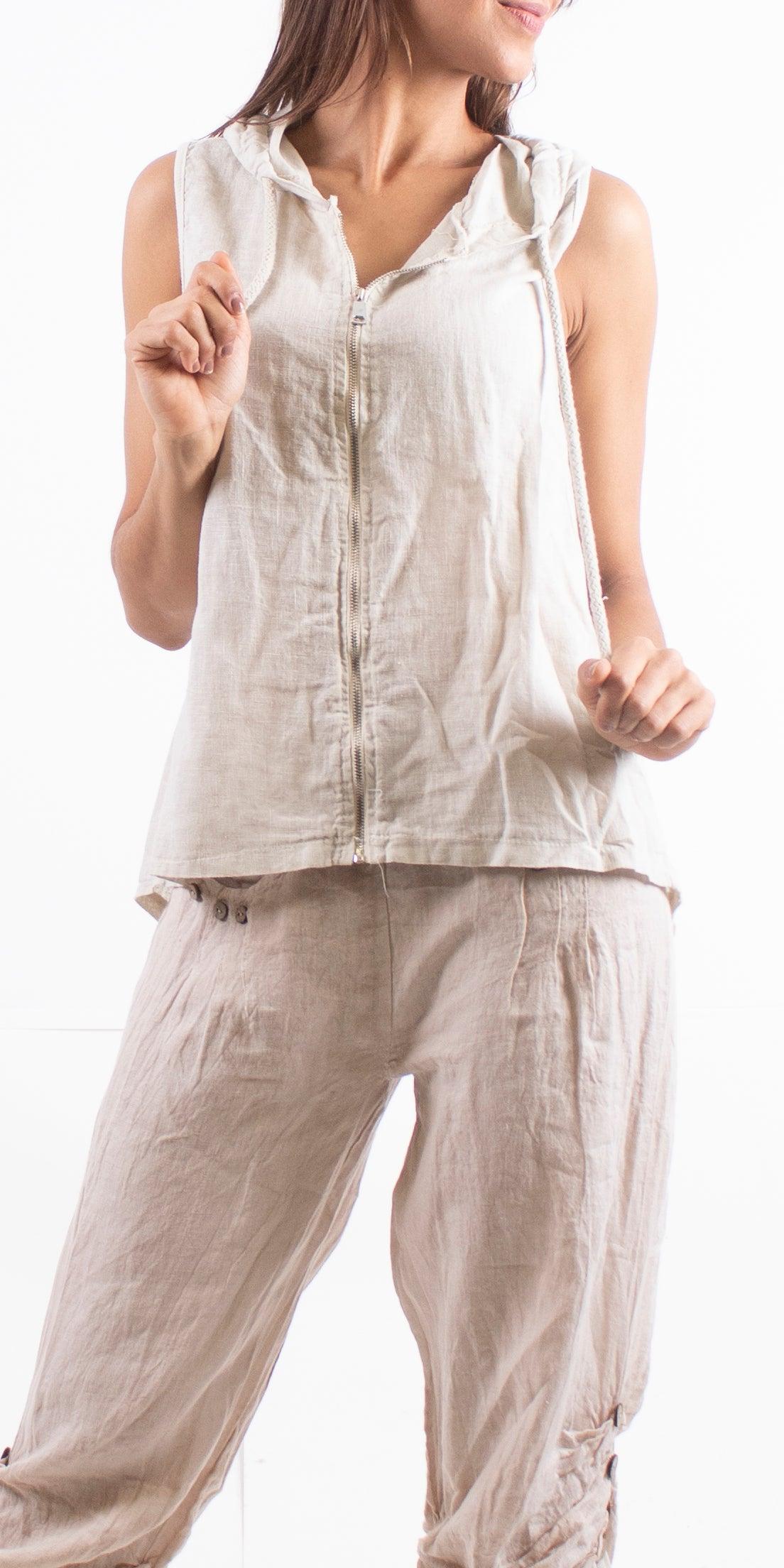 Anita Linen Sleeveless Hooded Vest - Gigi Moda - Made in Italy # Coats, Comforatable fit, Jackets, Made in Italy, Vest, Womans clothing, Zipper