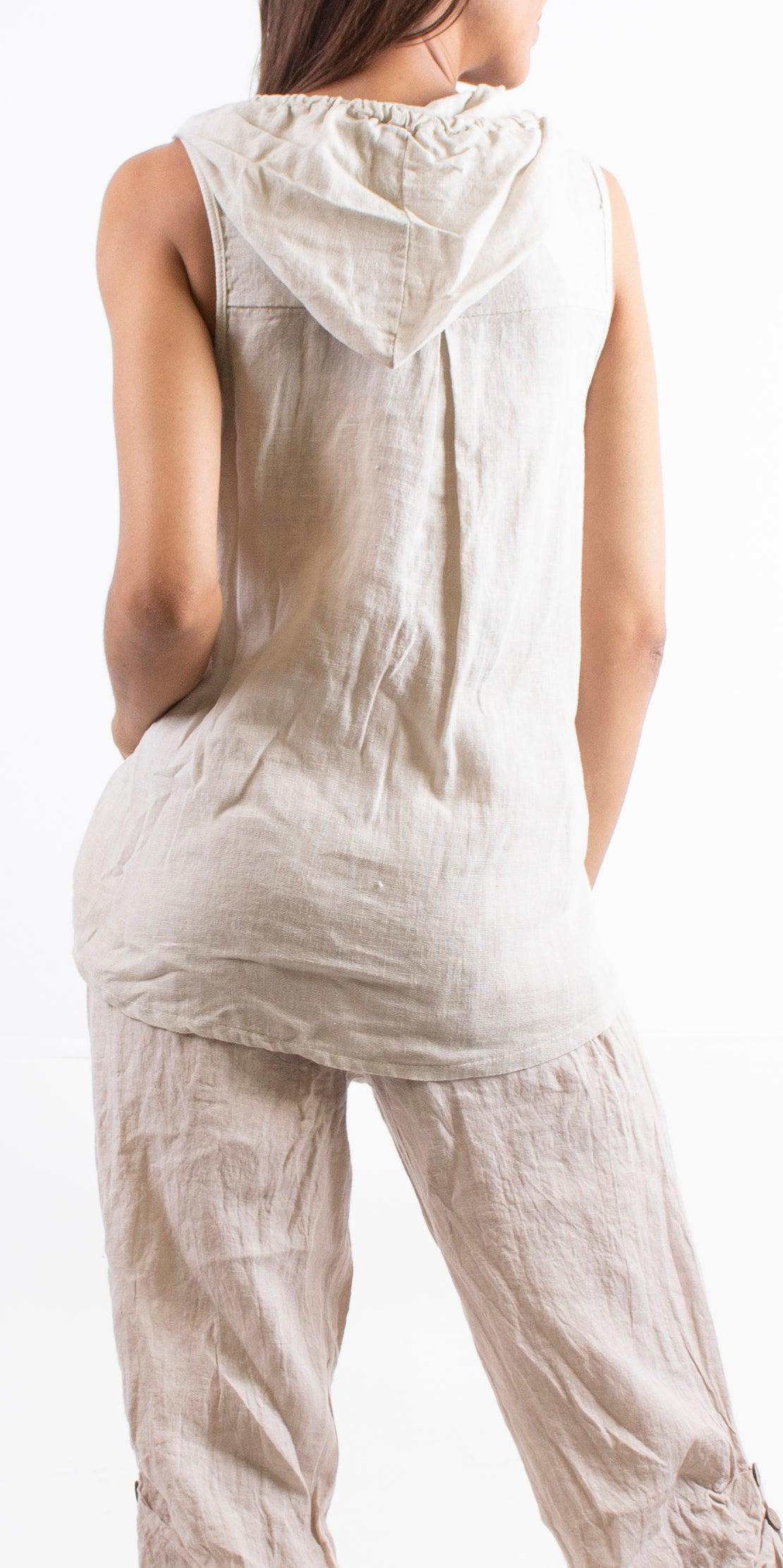 Anita Linen Sleeveless Hooded Vest - Gigi Moda - Made in Italy # Coats, Comforatable fit, Jackets, Made in Italy, Vest, Womans clothing, Zipper