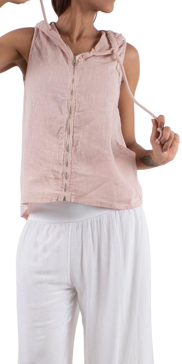 Anita Linen Sleeveless Hooded Vest - Gigi Moda - Made in Italy # Coats, Comforatable fit, Jackets, Made in Italy, Vest, Womans clothing, Zipper