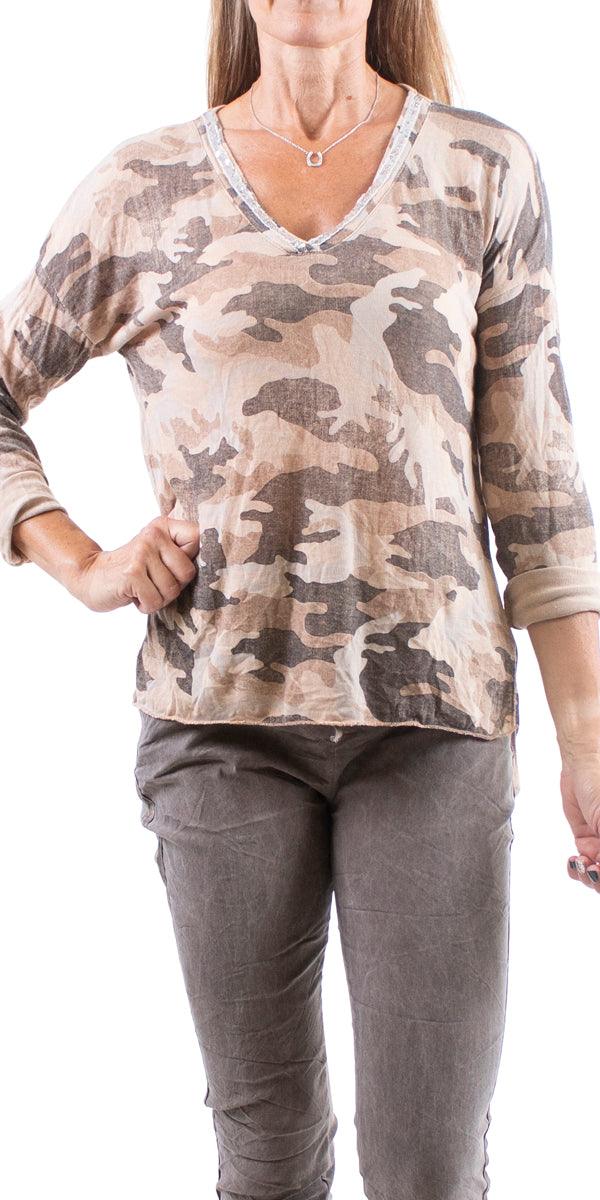 Alana Long Sleeve V-Neck Camo Sweater - Gigi Moda - Made in Italy # Blouse, Camo, comforatable fit, made in italy, Sequins, Tops, womans clothing