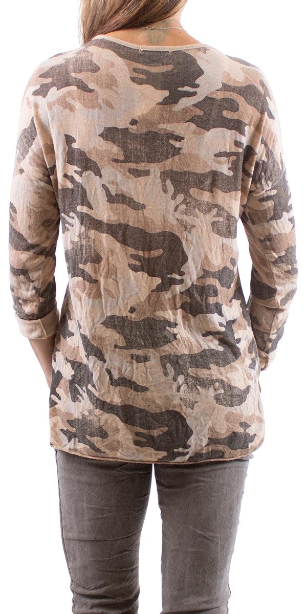 Alana Long Sleeve V-Neck Camo Sweater - Gigi Moda - Made in Italy # Blouse, Camo, comforatable fit, made in italy, Sequins, Tops, womans clothing