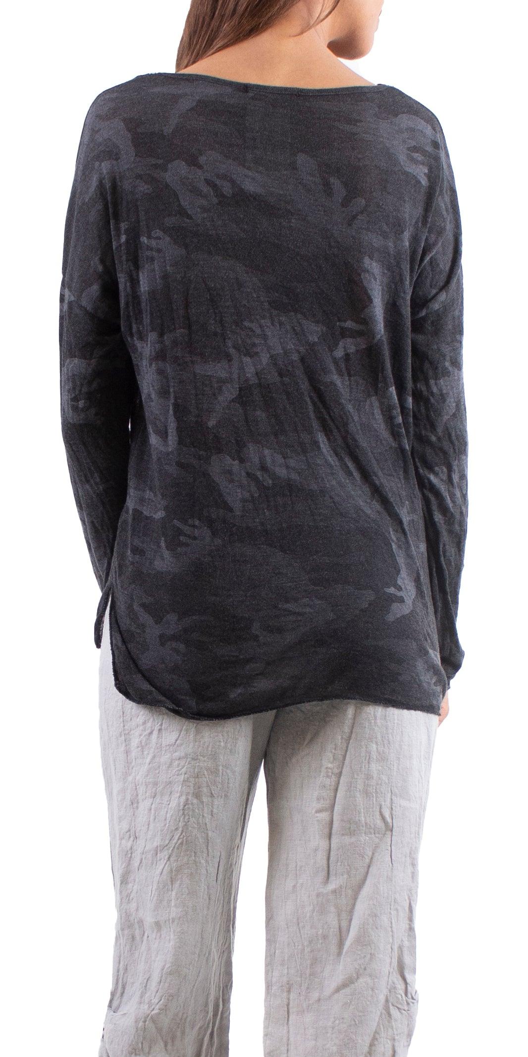 Alana Long Sleeve V-Neck Camo Sweater - Gigi Moda - Made in Italy # Blouse, Camo, comforatable fit, made in italy, Sequins, Tops, womans clothing