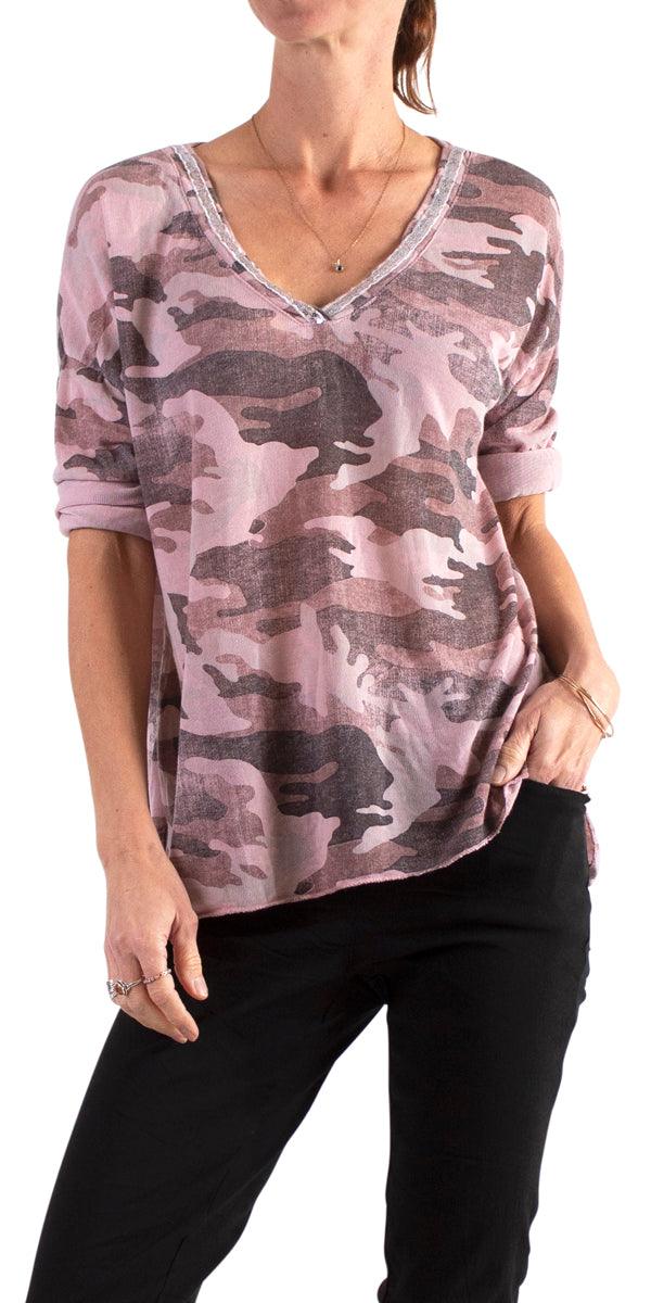 Alana Long Sleeve V-Neck Camo Sweater - Gigi Moda - Made in Italy # Blouse, Camo, comforatable fit, made in italy, Sequins, Tops, womans clothing