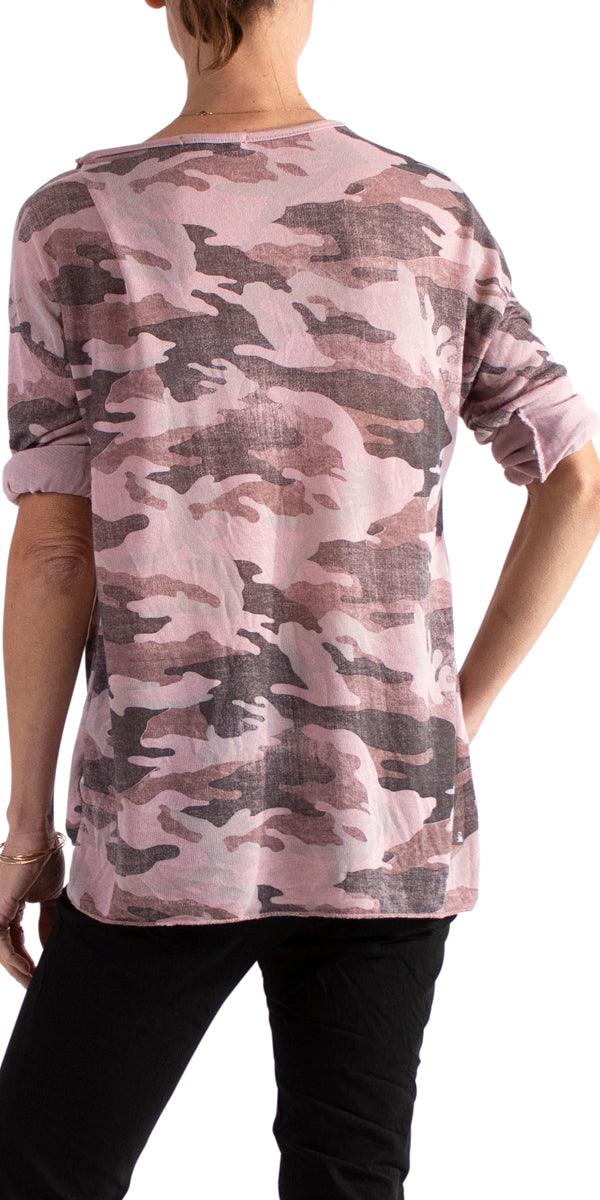 Alana Long Sleeve V-Neck Camo Sweater - Gigi Moda - Made in Italy # Blouse, Camo, comforatable fit, made in italy, Sequins, Tops, womans clothing