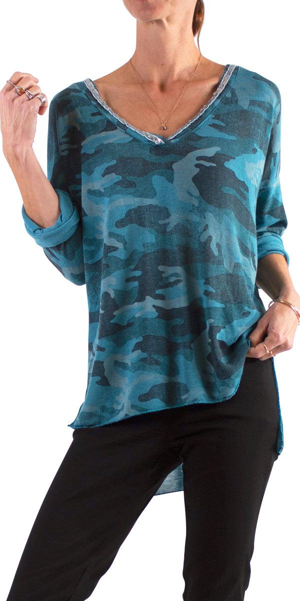 Alana Long Sleeve V-Neck Camo Sweater - Gigi Moda - Made in Italy # Blouse, Camo, comforatable fit, made in italy, Sequins, Tops, womans clothing