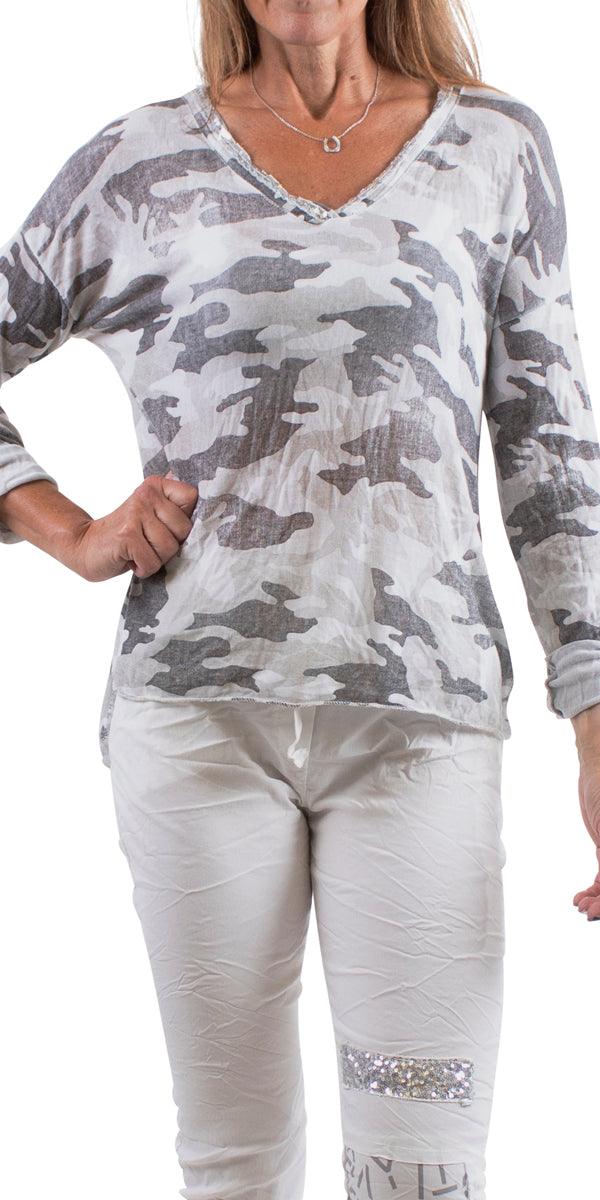 Alana Long Sleeve V-Neck Camo Sweater - Gigi Moda - Made in Italy # Blouse, Camo, comforatable fit, made in italy, Sequins, Tops, womans clothing