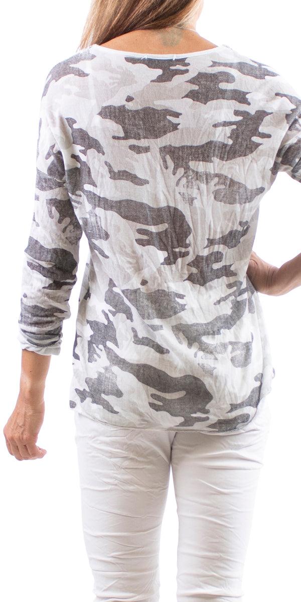 Alana Long Sleeve V-Neck Camo Sweater - Gigi Moda - Made in Italy # Blouse, Camo, comforatable fit, made in italy, Sequins, Tops, womans clothing