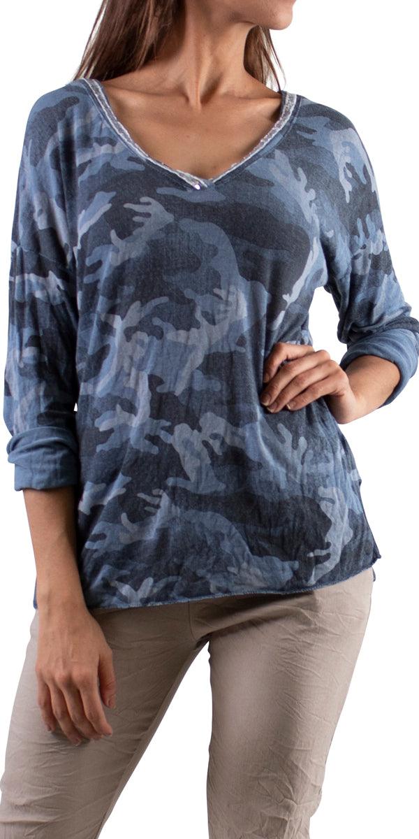 Alana Long Sleeve V-Neck Camo Sweater - Gigi Moda - Made in Italy # Blouse, Camo, comforatable fit, made in italy, Sequins, Tops, womans clothing